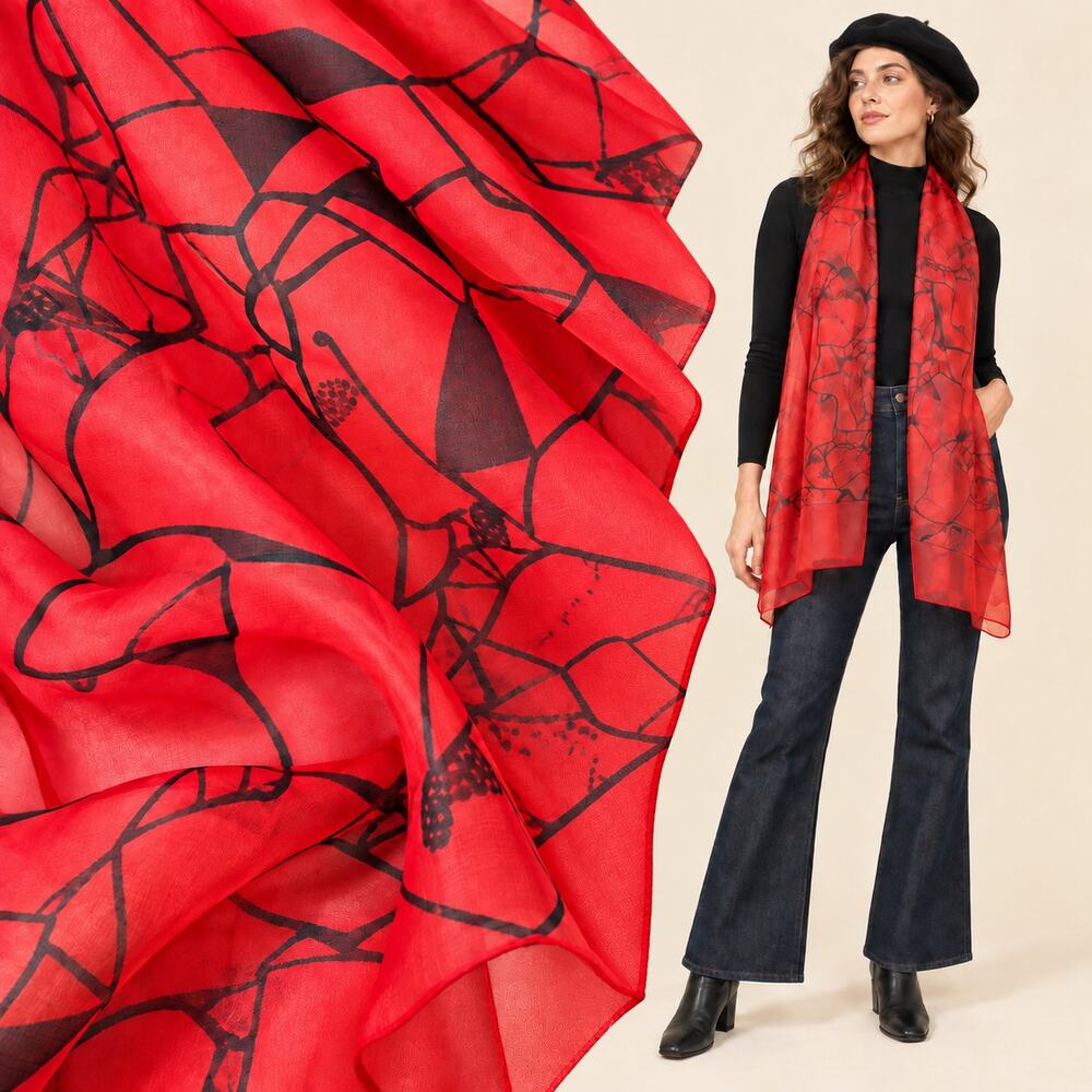 JP Collection Italian Sheer Red Black Abstract Geometric Statement Scarf